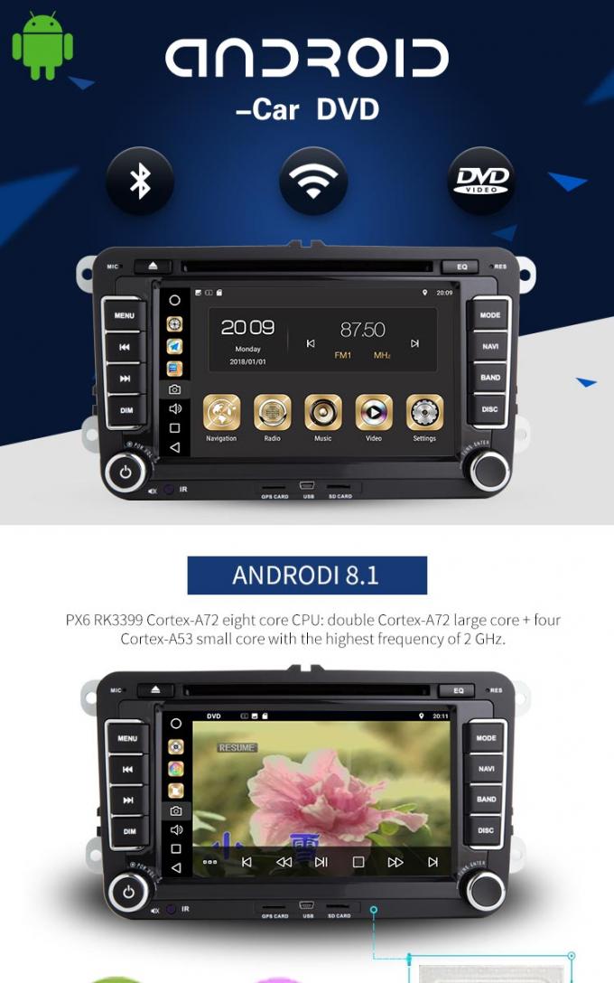 7 coche de Android 8,1 del reproductor de DVD de Volkswagen de la pantalla táctil de la pulgada con Wifi BT GPS AUX.